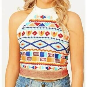 Altar'd State Women's Embroidered Aztec Halter Crop Top, Size XS, Fits Like S-M